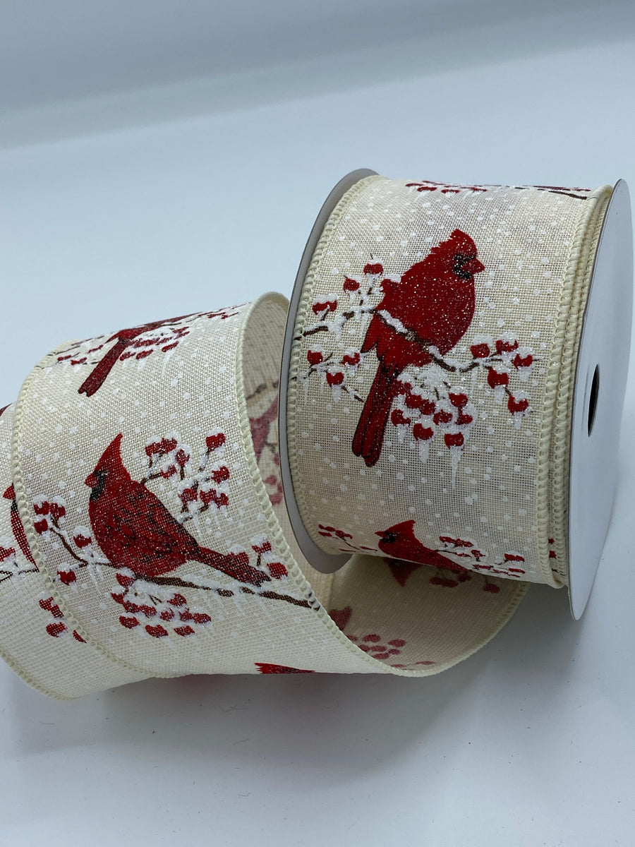10 Yards - 2.5” Wired Snowy Red Cardinal Winter Ribbon with Glitter Accent  and White Drift Edge