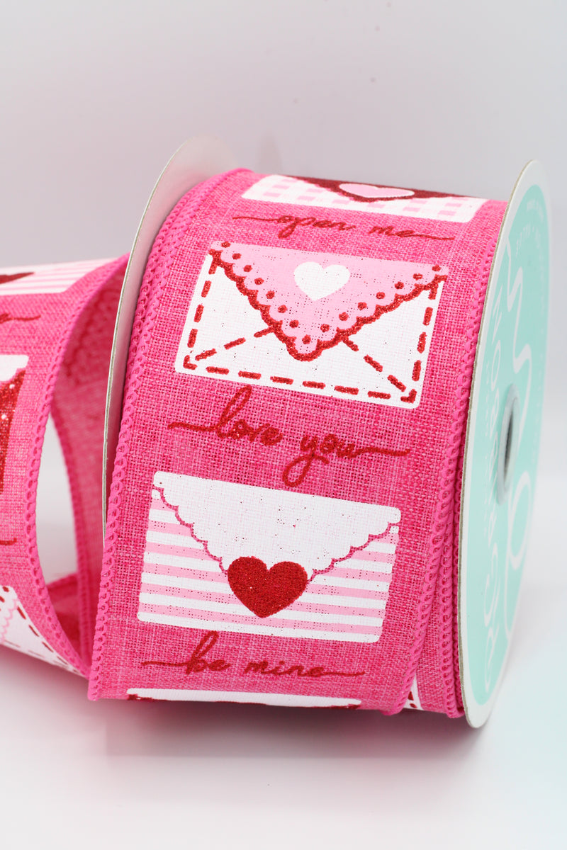 Love Letters, 2.5”, Valentines Ribbon, Wired, Natural, Hot Pink