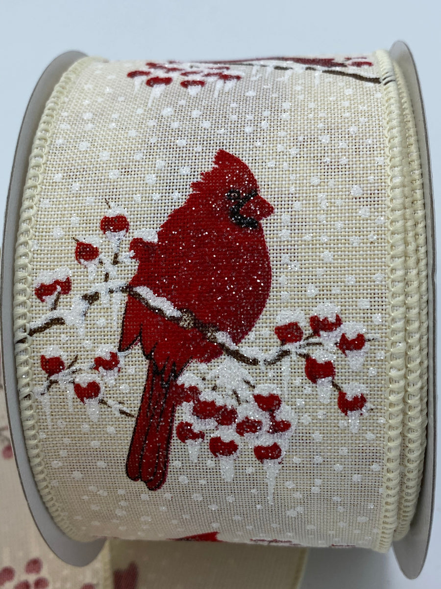 Cardinals with Leaves and Berries Wired Craft Christmas Ribbon 2.5 x 10  Yards