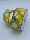 Lemons Wired Ribbon, 2.5”, 1.5”, Natural Linen, Black Gingham - Spring Summer