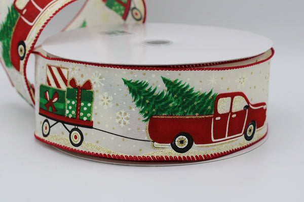 Christmas Red Truck Ribbon, 2.5”, Wired, Vintage Red Truck, Christmas Ribbon, Gift Truck Ribbon