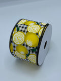 Lemons Wired Ribbon, 2.5”, 1.5”, Natural Linen, Black Gingham - Spring Summer