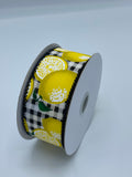 Lemons Wired Ribbon, 2.5”, 1.5”, Natural Linen, Black Gingham - Spring Summer