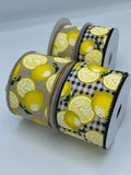Lemons Wired Ribbon, 2.5”, 1.5”, Natural Linen, Black Gingham - Spring Summer