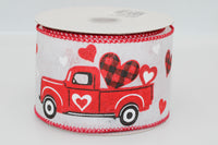 Valentine Truck, 2.5”, Valentine Ribbon, Red and Buffalo Hearts, Red Truck, Vintage Truck