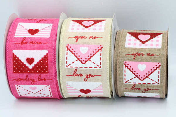Love Letters, 2.5”, Valentines Ribbon, Wired, Natural, Hot Pink, Lt Beige,sending love, xoxo, open me, love you, and be mine.