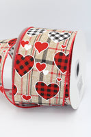 Check Heart Ribbon, 2.5”, Wired,Valentine Ribbon, Red Satin with Buffalo Hearts, Mother Day